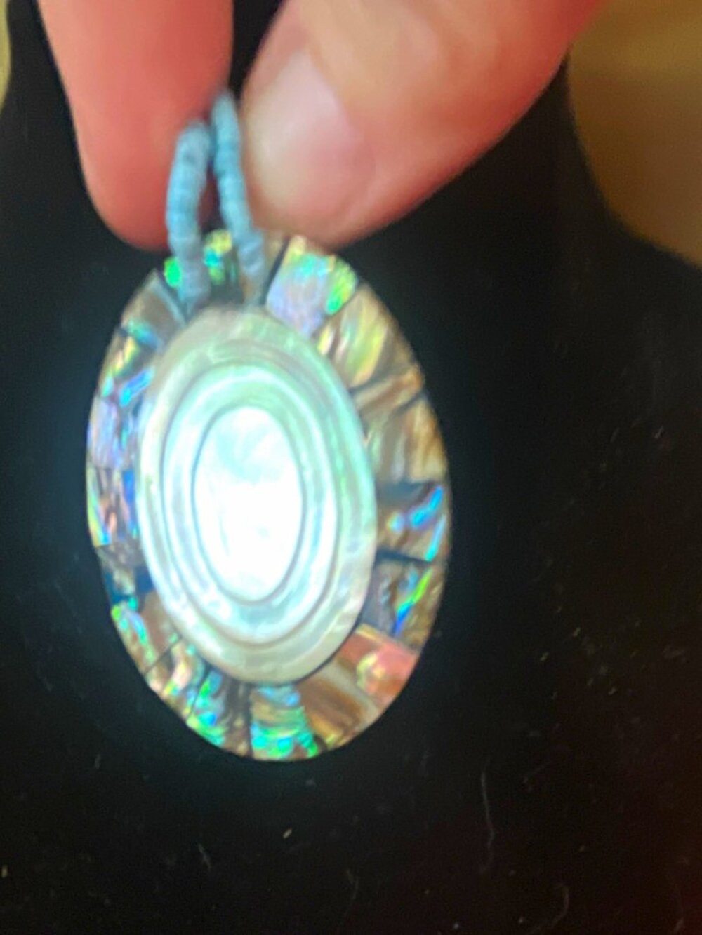 Oval Glass Pendant Necklace w/ Shell Inlay Blue/Black Multicolor Beads